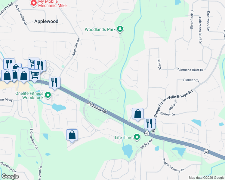 map of restaurants, bars, coffee shops, grocery stores, and more near 278 Balaban Circle in Woodstock