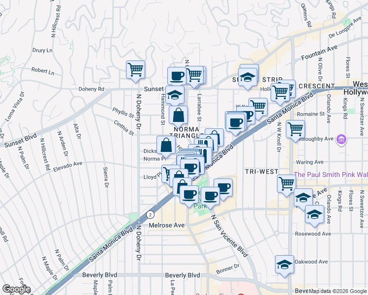 map of restaurants, bars, coffee shops, grocery stores, and more near 866 Hilldale Avenue in West Hollywood