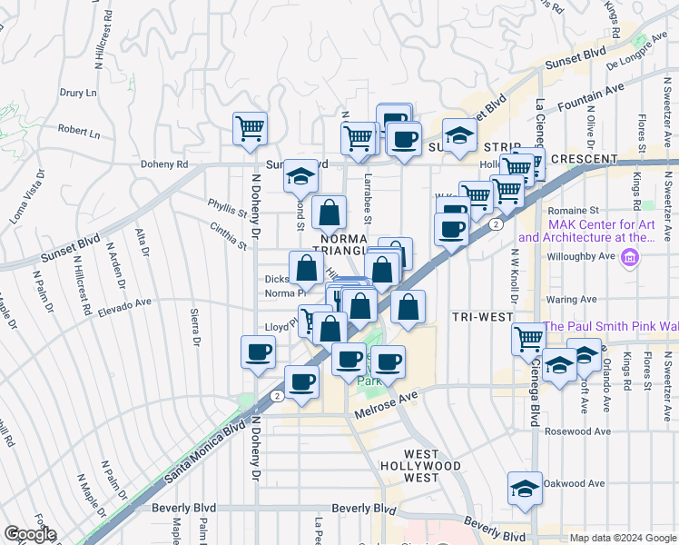 map of restaurants, bars, coffee shops, grocery stores, and more near 866 Hilldale Avenue in West Hollywood