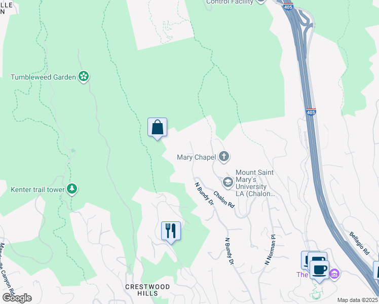 map of restaurants, bars, coffee shops, grocery stores, and more near 1571 North Bundy Drive in Los Angeles