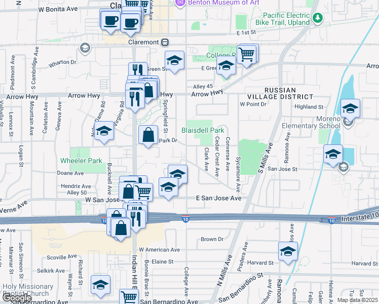 map of restaurants, bars, coffee shops, grocery stores, and more near 528 Citadel Avenue in Claremont
