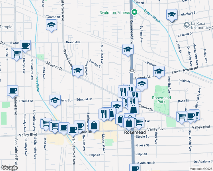 map of restaurants, bars, coffee shops, grocery stores, and more near 8817 Mission Drive in Rosemead