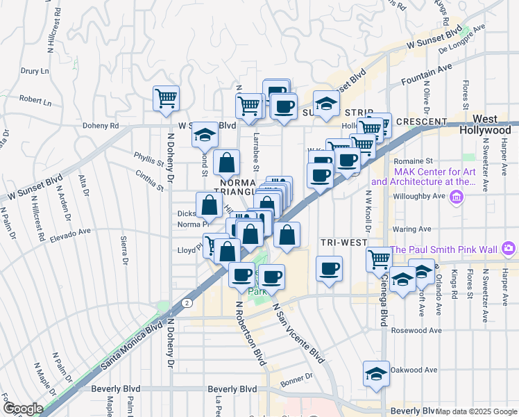 map of restaurants, bars, coffee shops, grocery stores, and more near 839 Larrabee Street in West Hollywood