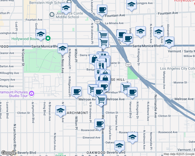 map of restaurants, bars, coffee shops, grocery stores, and more near 5322 Lemon Grove Avenue in Los Angeles