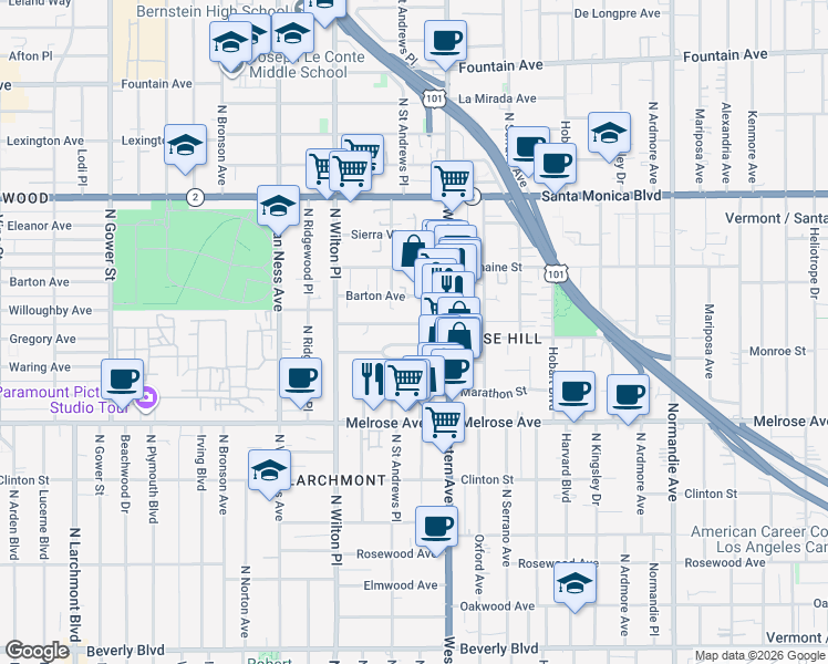 map of restaurants, bars, coffee shops, grocery stores, and more near 5336 Lemon Grove Avenue in Los Angeles