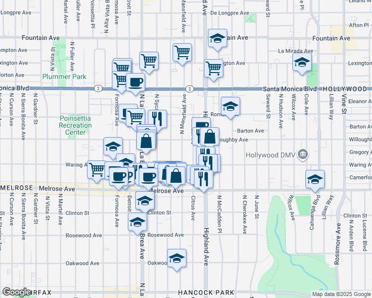 map of restaurants, bars, coffee shops, grocery stores, and more near 838 North Mansfield Avenue in Los Angeles