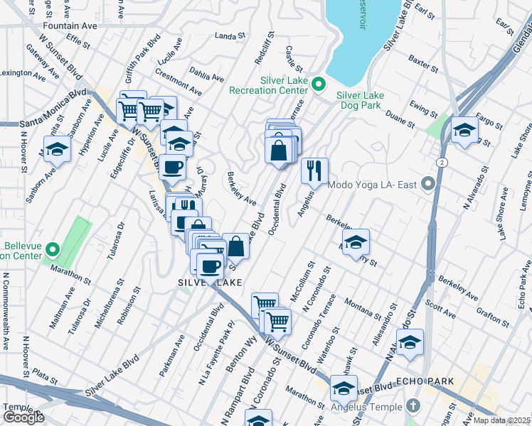 map of restaurants, bars, coffee shops, grocery stores, and more near 1490 Silver Lake Boulevard in Los Angeles