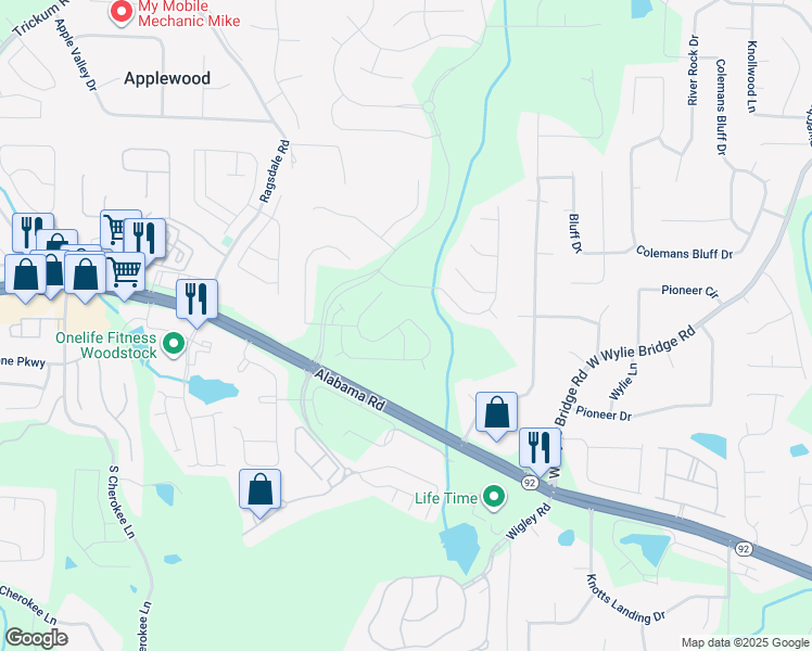 map of restaurants, bars, coffee shops, grocery stores, and more near 268 Balaban Circle in Woodstock