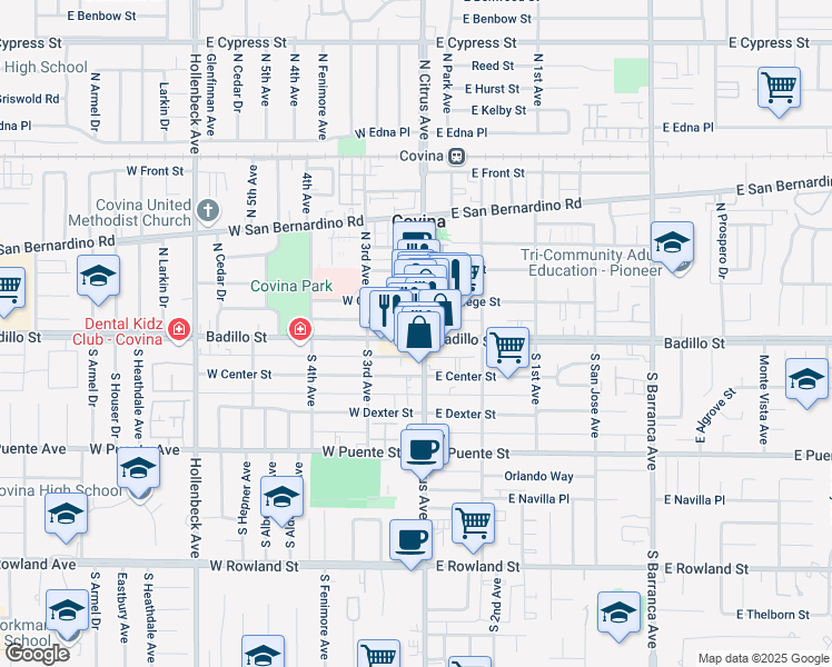 map of restaurants, bars, coffee shops, grocery stores, and more near 118 East Badillo Street in Covina