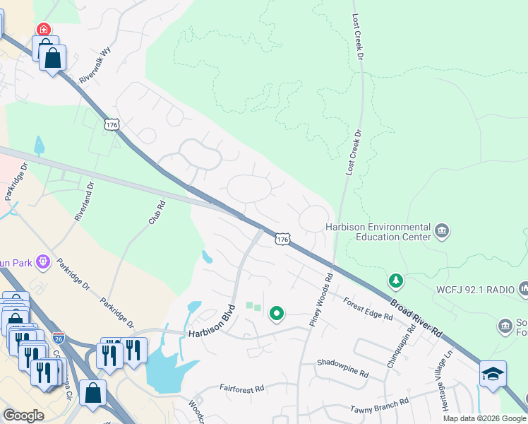 map of restaurants, bars, coffee shops, grocery stores, and more near 78 Forest Trail Court in Columbia