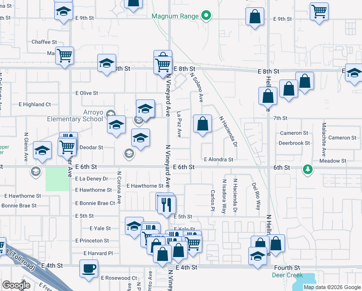 map of restaurants, bars, coffee shops, grocery stores, and more near 1918 East Deodar Street in Ontario