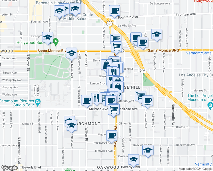 map of restaurants, bars, coffee shops, grocery stores, and more near 5336 Lemon Grove Avenue in Los Angeles