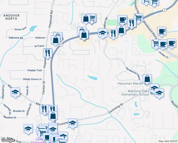 map of restaurants, bars, coffee shops, grocery stores, and more near 350 Jayne Ellen Way in Alpharetta