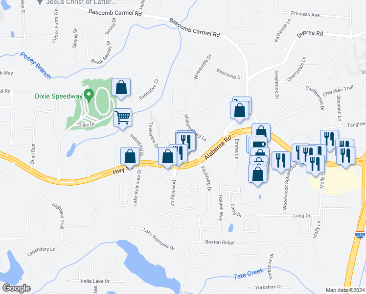 map of restaurants, bars, coffee shops, grocery stores, and more near Woodson Way in Woodstock
