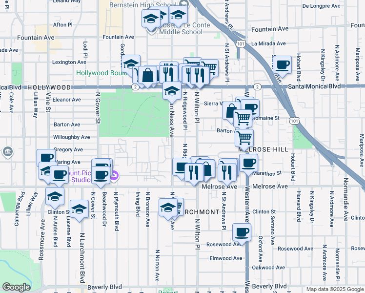 map of restaurants, bars, coffee shops, grocery stores, and more near 835 North Ridgewood Place in Los Angeles