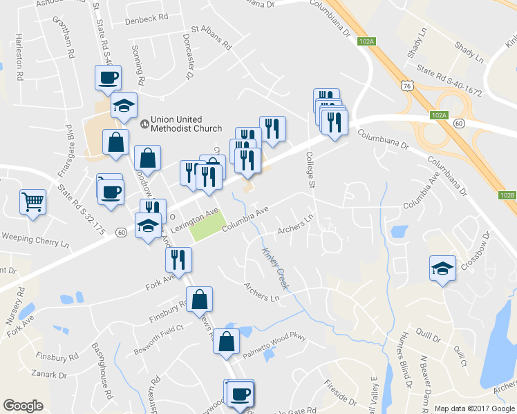 map of restaurants, bars, coffee shops, grocery stores, and more near 102 Tuscany Court in Irmo