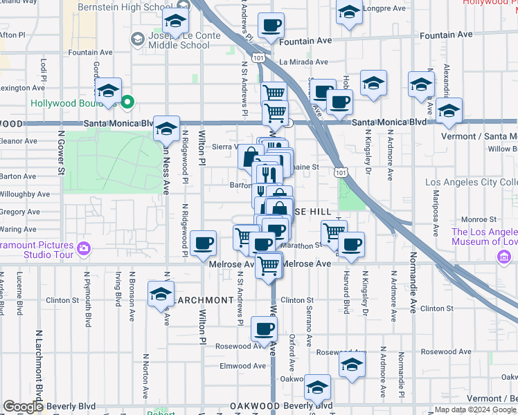 map of restaurants, bars, coffee shops, grocery stores, and more near 5322 Lemon Grove Avenue in Los Angeles