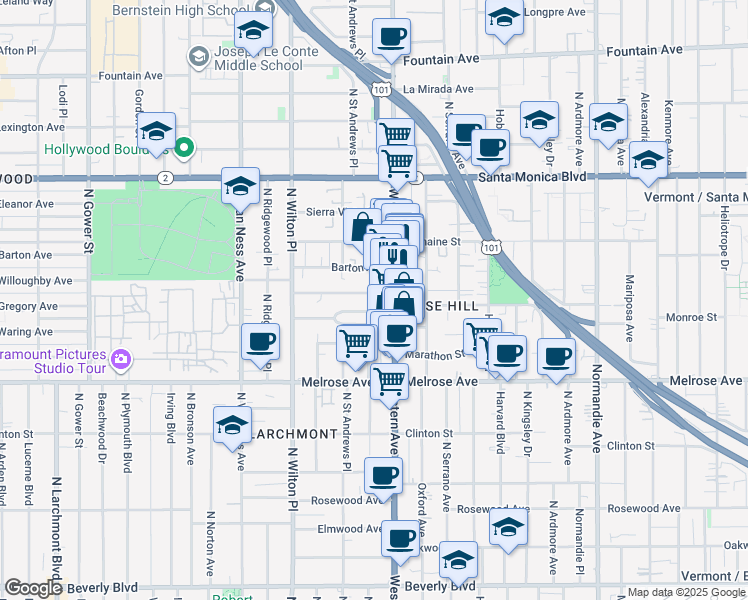 map of restaurants, bars, coffee shops, grocery stores, and more near 5322 Lemon Grove Avenue in Los Angeles