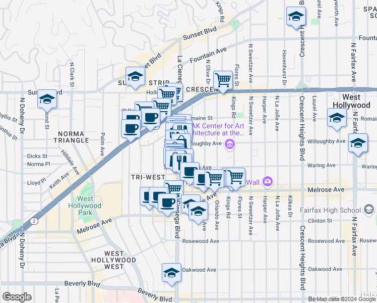 map of restaurants, bars, coffee shops, grocery stores, and more near 837 North Alfred Street in West Hollywood