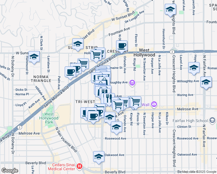 map of restaurants, bars, coffee shops, grocery stores, and more near 837 North Alfred Street in West Hollywood