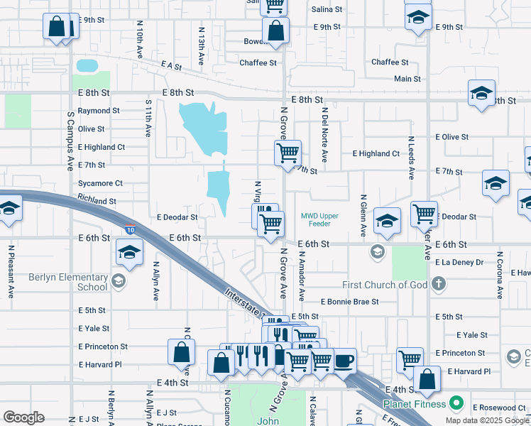 map of restaurants, bars, coffee shops, grocery stores, and more near 1203 East Deodar Street in Ontario