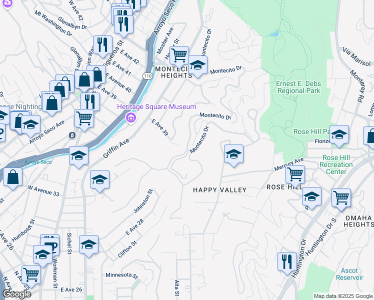 map of restaurants, bars, coffee shops, grocery stores, and more near 1040 Montecito Drive in Los Angeles