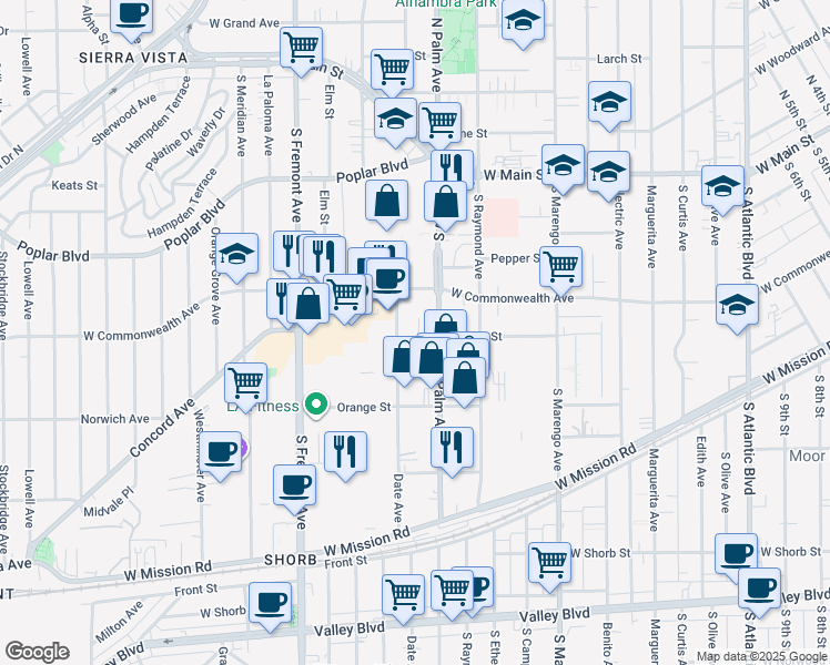 map of restaurants, bars, coffee shops, grocery stores, and more near 400 Date Avenue in Alhambra