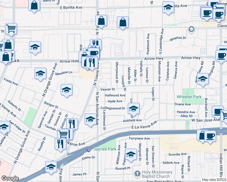 map of restaurants, bars, coffee shops, grocery stores, and more near 896 Vassar Street in Pomona
