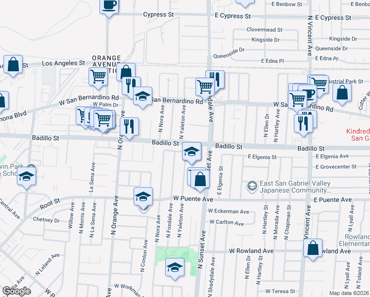 map of restaurants, bars, coffee shops, grocery stores, and more near 1501 West Elgenia Street in West Covina