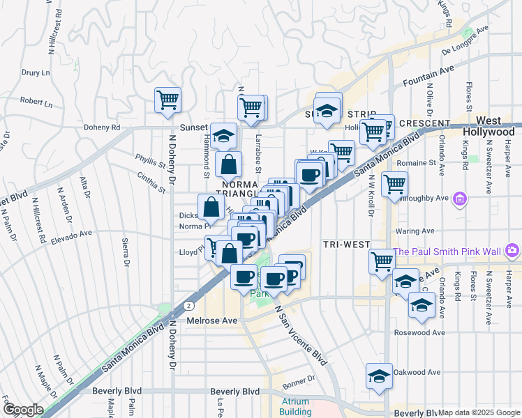 map of restaurants, bars, coffee shops, grocery stores, and more near 839 Larrabee Street in West Hollywood