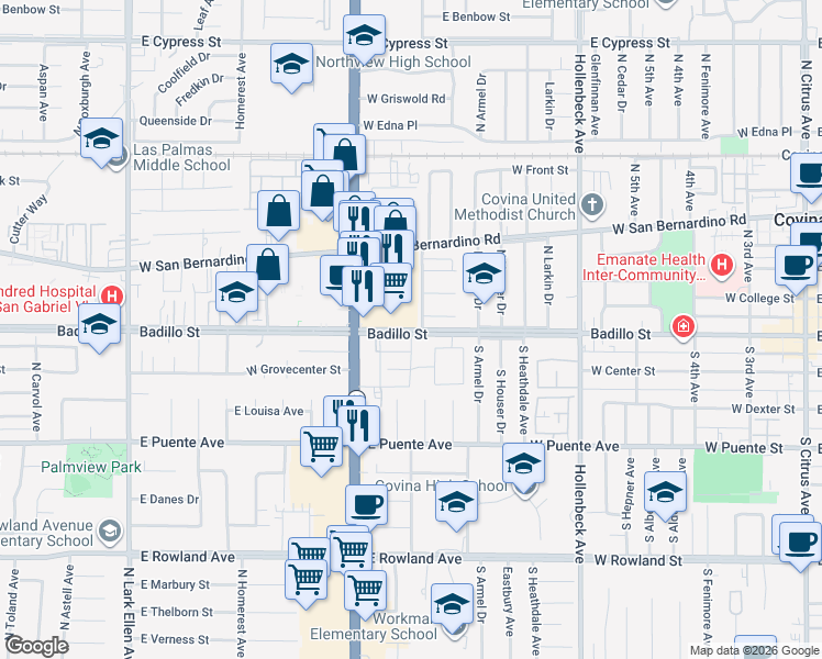 map of restaurants, bars, coffee shops, grocery stores, and more near 1838 Badillo Street in West Covina