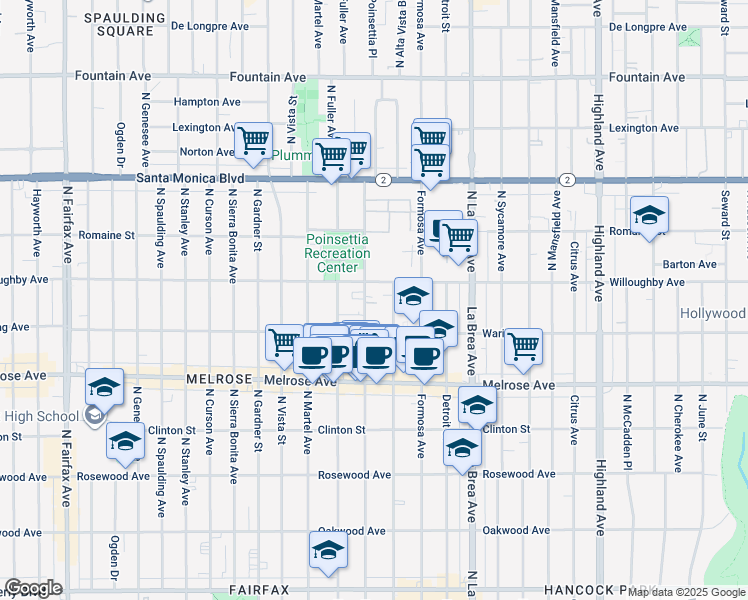 map of restaurants, bars, coffee shops, grocery stores, and more near 7273 West Hazel Court in Los Angeles