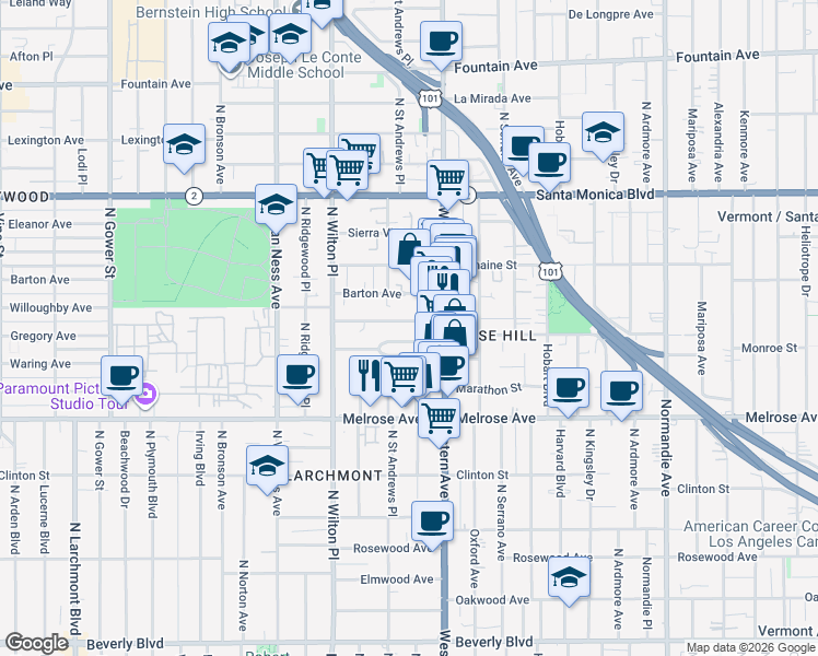 map of restaurants, bars, coffee shops, grocery stores, and more near 5336 Lemon Grove Avenue in Los Angeles