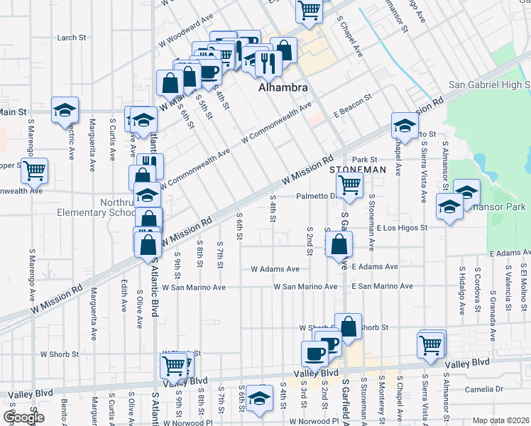 map of restaurants, bars, coffee shops, grocery stores, and more near 885 South 4th Street in Alhambra