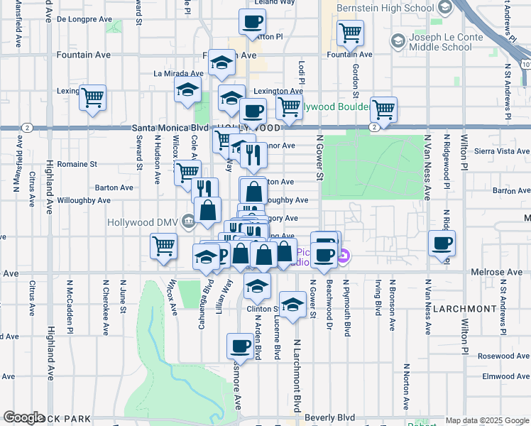 map of restaurants, bars, coffee shops, grocery stores, and more near 5945 Gregory Avenue in Los Angeles