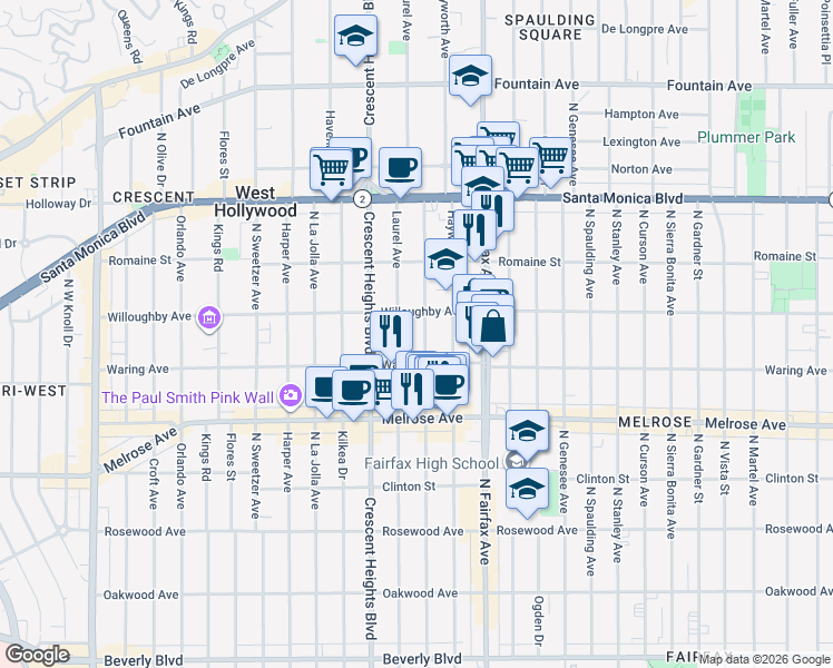 map of restaurants, bars, coffee shops, grocery stores, and more near in Los Angeles