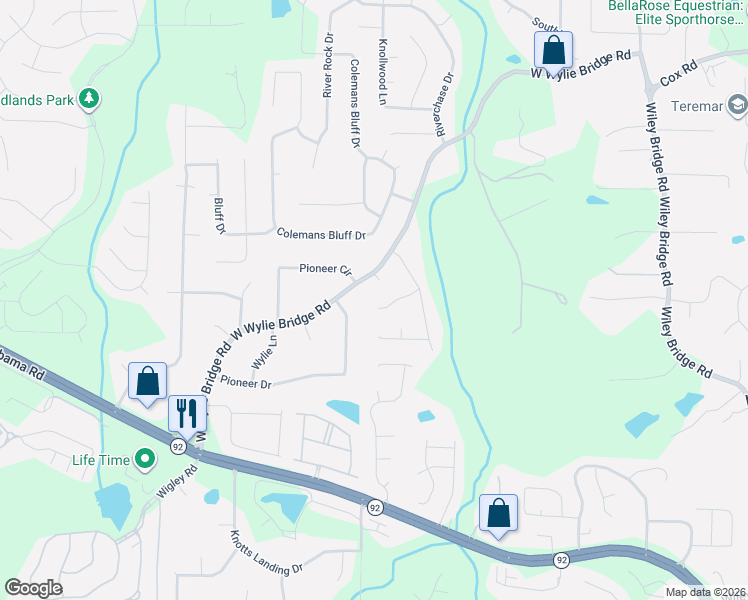 map of restaurants, bars, coffee shops, grocery stores, and more near 307 Colony Springs Court in Woodstock