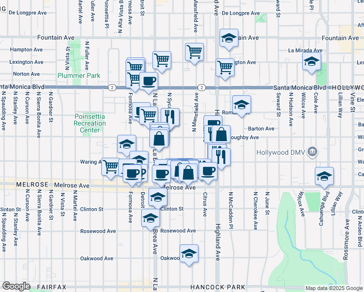 map of restaurants, bars, coffee shops, grocery stores, and more near 823 North Mansfield Avenue in Los Angeles