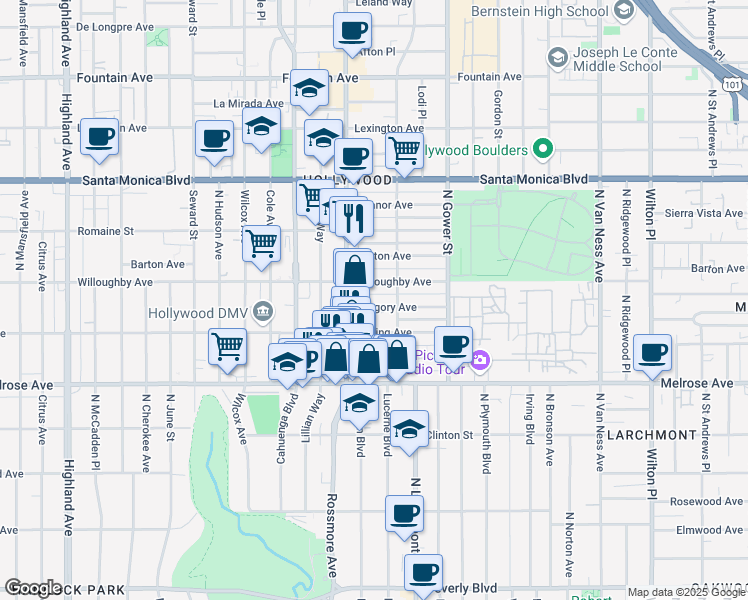 map of restaurants, bars, coffee shops, grocery stores, and more near 5927 Gregory Avenue in Los Angeles