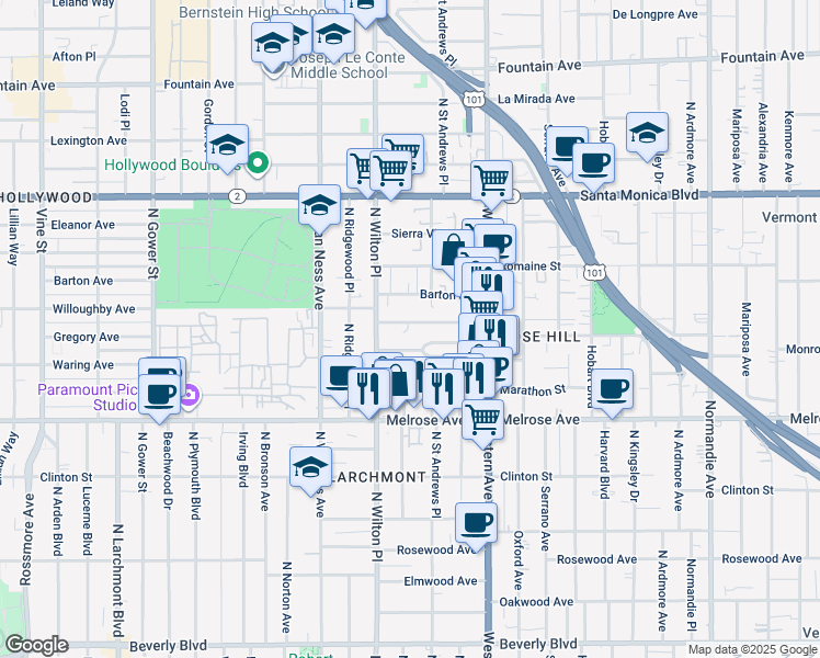 map of restaurants, bars, coffee shops, grocery stores, and more near 5433 Monroe Street in Los Angeles