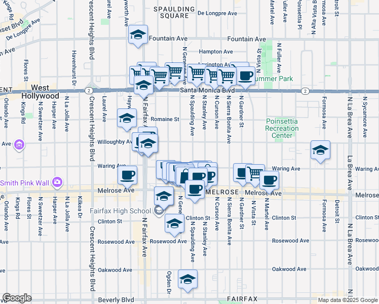 map of restaurants, bars, coffee shops, grocery stores, and more near 839 North Spaulding Avenue in Los Angeles