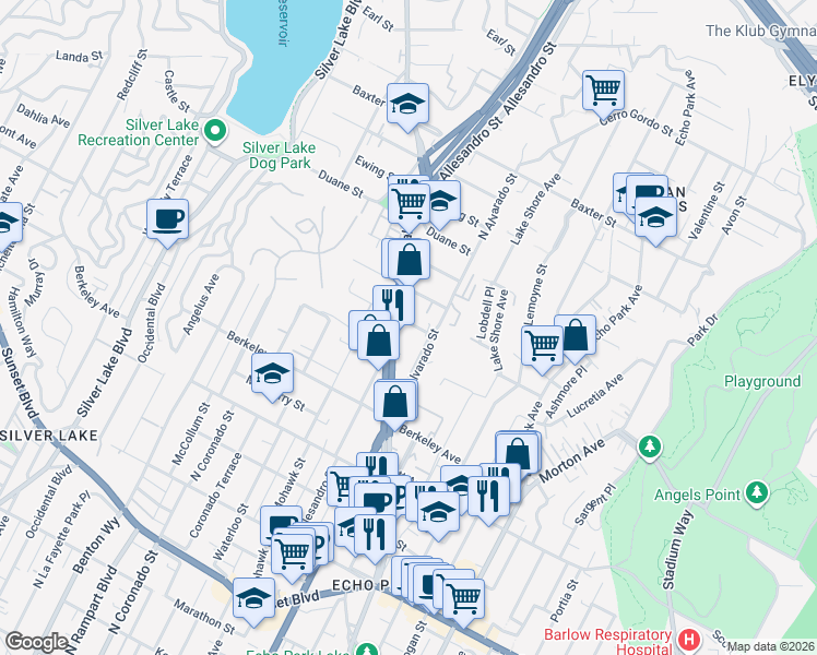 map of restaurants, bars, coffee shops, grocery stores, and more near 2100 Aaron Street in Los Angeles