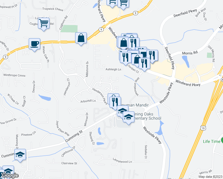 map of restaurants, bars, coffee shops, grocery stores, and more near Henderson Pl & Westwood Way in Alpharetta