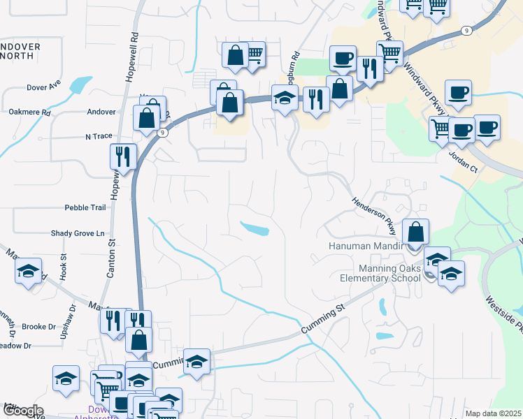 map of restaurants, bars, coffee shops, grocery stores, and more near 385 Jayne Ellen Way in Alpharetta