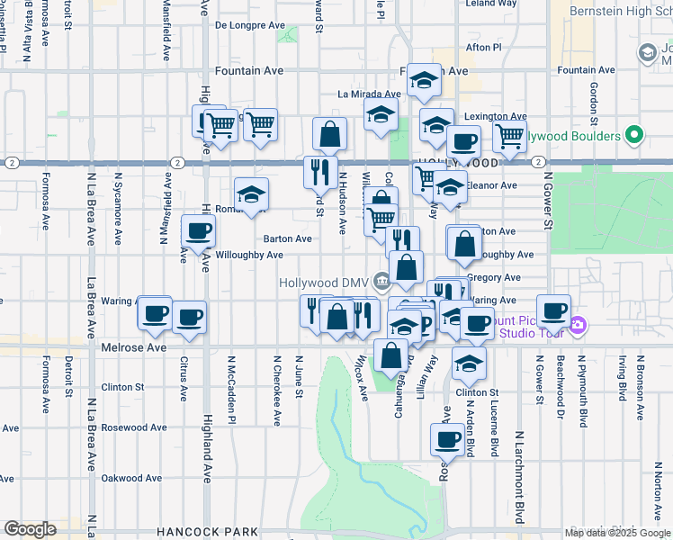 map of restaurants, bars, coffee shops, grocery stores, and more near 837 North Hudson Avenue in Los Angeles