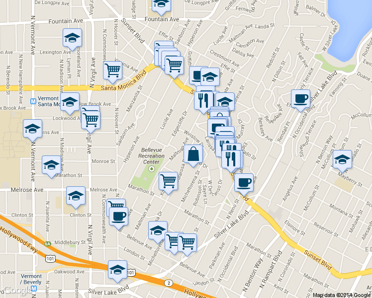 map of restaurants, bars, coffee shops, grocery stores, and more near 3420 Descanso Drive in Los Angeles
