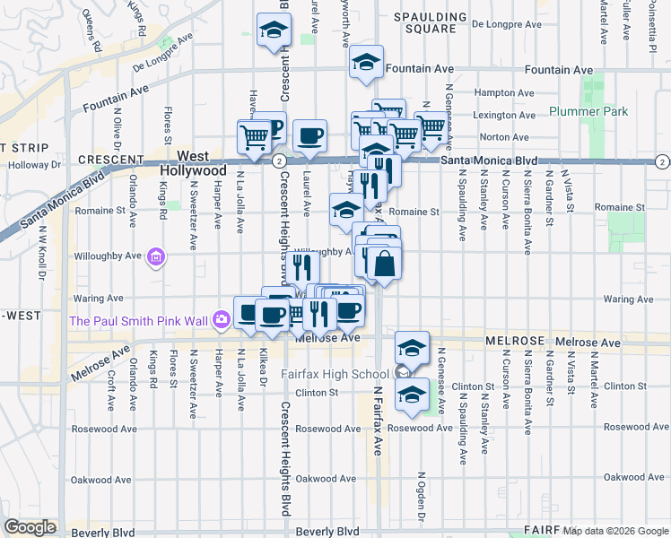map of restaurants, bars, coffee shops, grocery stores, and more near 812 North Edinburgh Avenue in Los Angeles