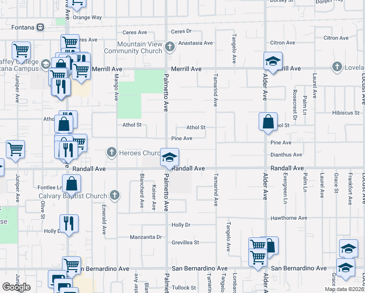 map of restaurants, bars, coffee shops, grocery stores, and more near 17355 Pinedale Avenue in Fontana
