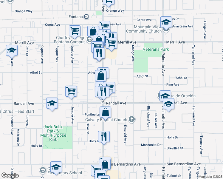 map of restaurants, bars, coffee shops, grocery stores, and more near 9259 Sierra Avenue in Fontana