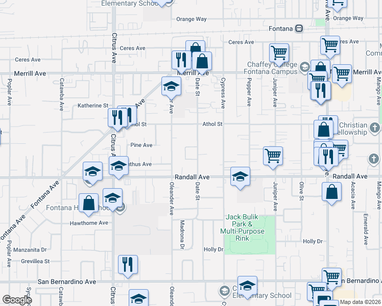 map of restaurants, bars, coffee shops, grocery stores, and more near 9250 Date Street in Fontana
